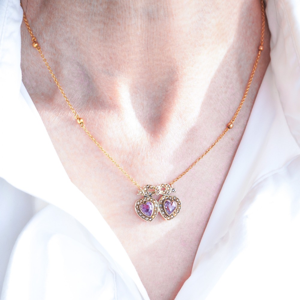 Antique Edwardian Heart Necklace Amethyst & Seed Pearl 9K Gold - c.1910 View III