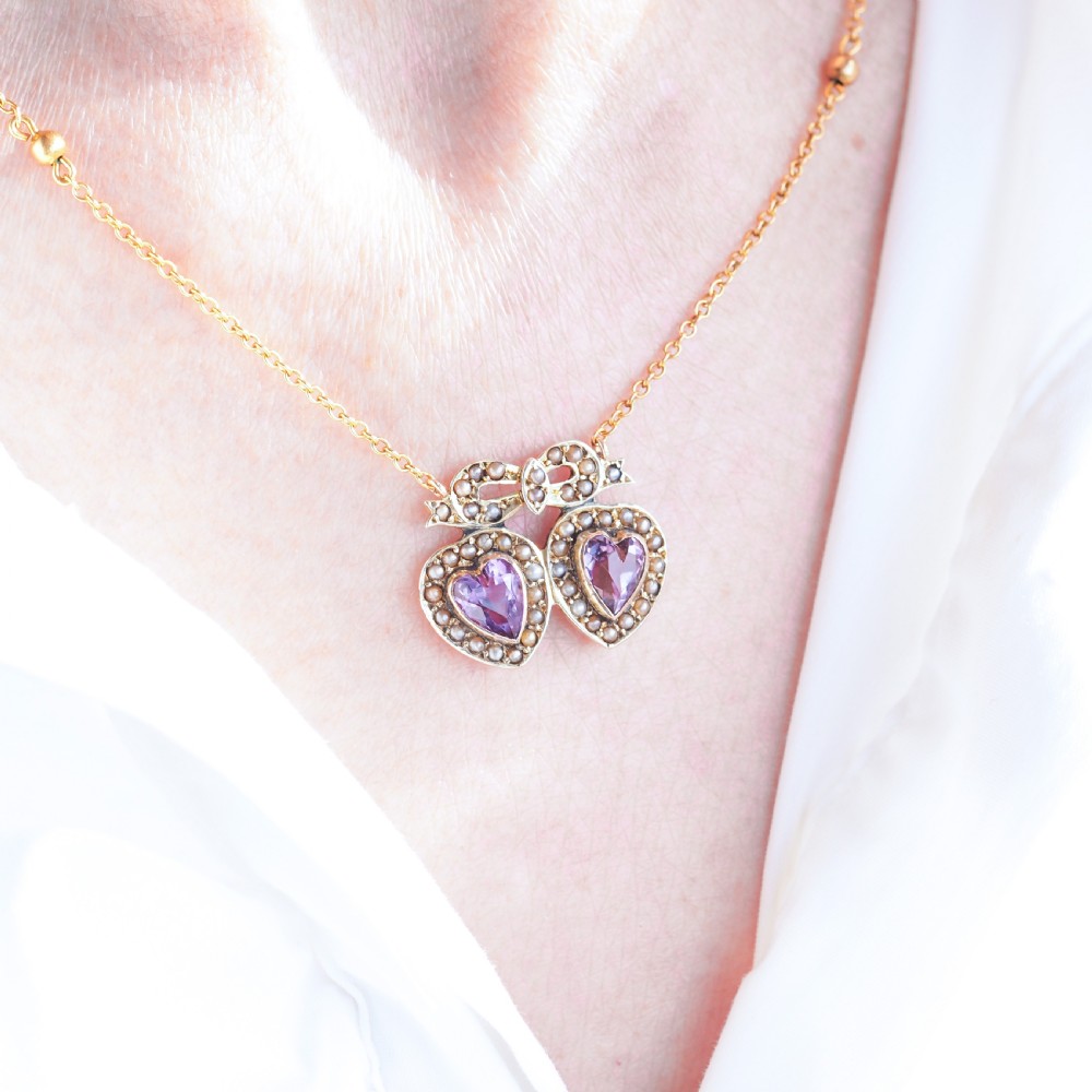 Antique Edwardian Heart Necklace Amethyst & Seed Pearl 9K Gold - c.1910 View IV