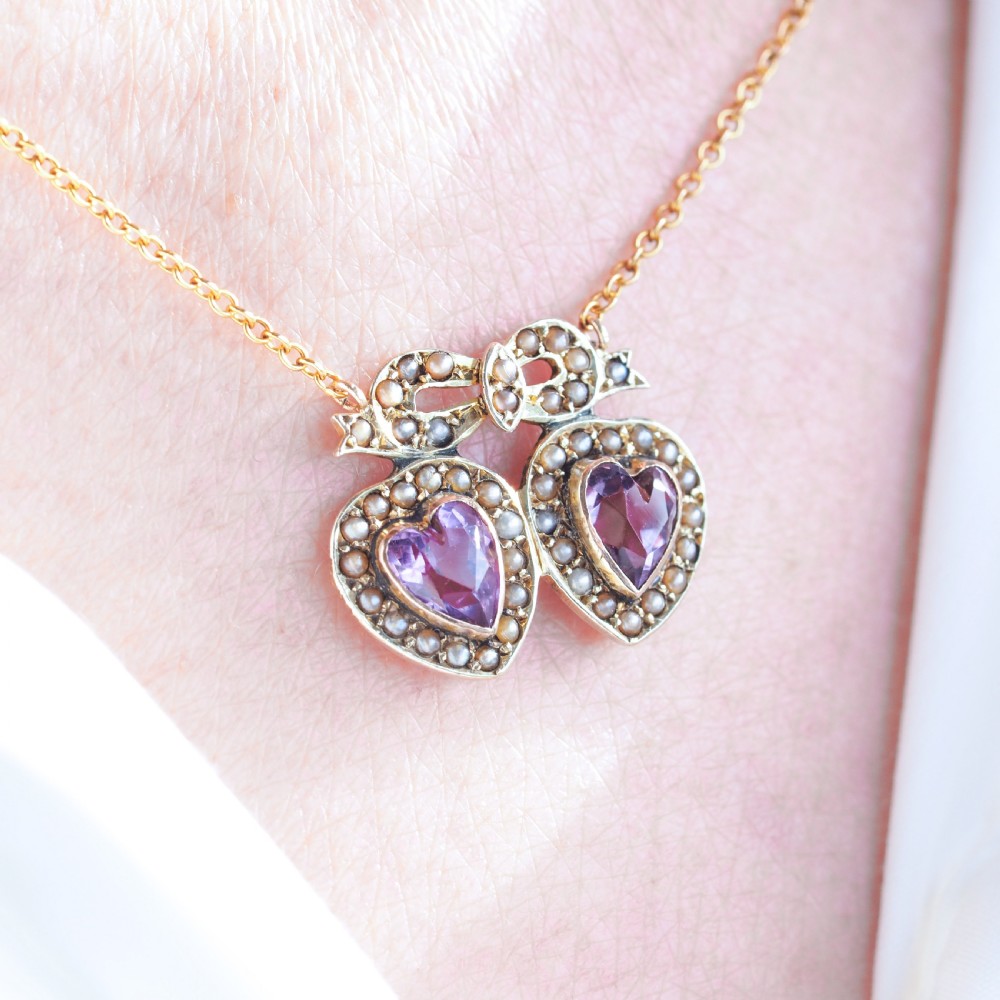 Antique Edwardian Heart Necklace Amethyst & Seed Pearl 9K Gold - c.1910 View V