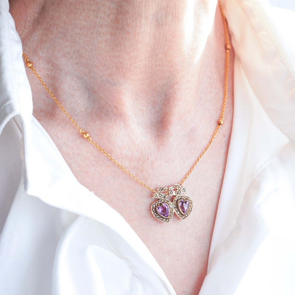 Antique Edwardian Heart Necklace Amethyst & Seed Pearl 9K Gold - c.1910 View VI