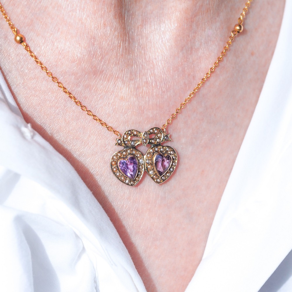 Antique Edwardian Heart Necklace Amethyst & Seed Pearl 9K Gold - c.1910 View VII