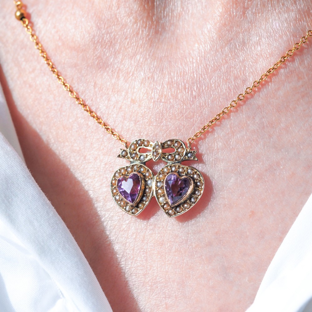 Antique Edwardian Heart Necklace Amethyst & Seed Pearl 9K Gold - c.1910 View VIII