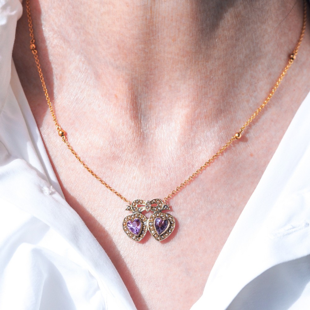 Antique Edwardian Heart Necklace Amethyst & Seed Pearl 9K Gold - c.1910 View IX