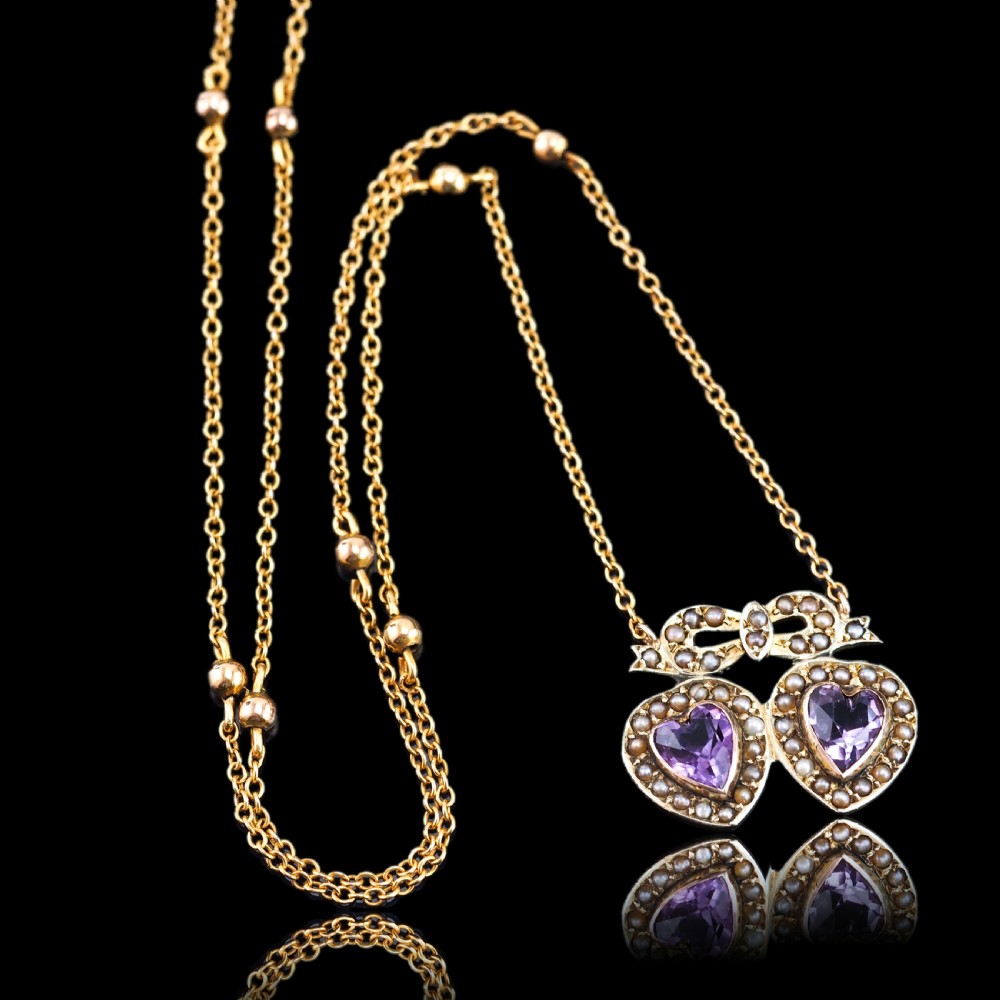 Antique Edwardian Heart Necklace Amethyst & Seed Pearl 9K Gold - c.1910 View X