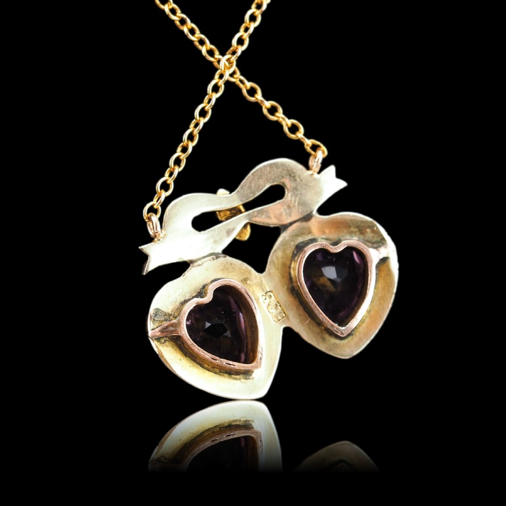 Antique Edwardian Heart Necklace Amethyst & Seed Pearl 9K Gold - c.1910 View XI