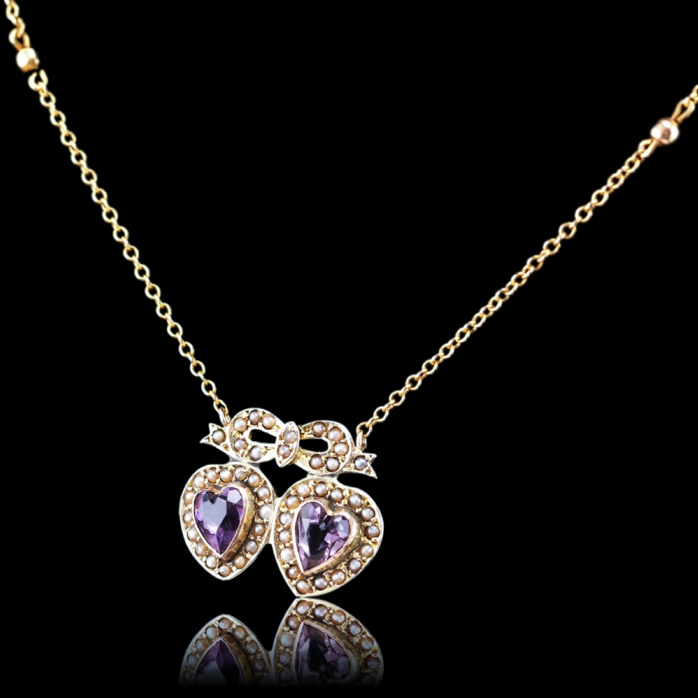 Antique Edwardian Heart Necklace Amethyst & Seed Pearl 9K Gold - c.1910 View XII