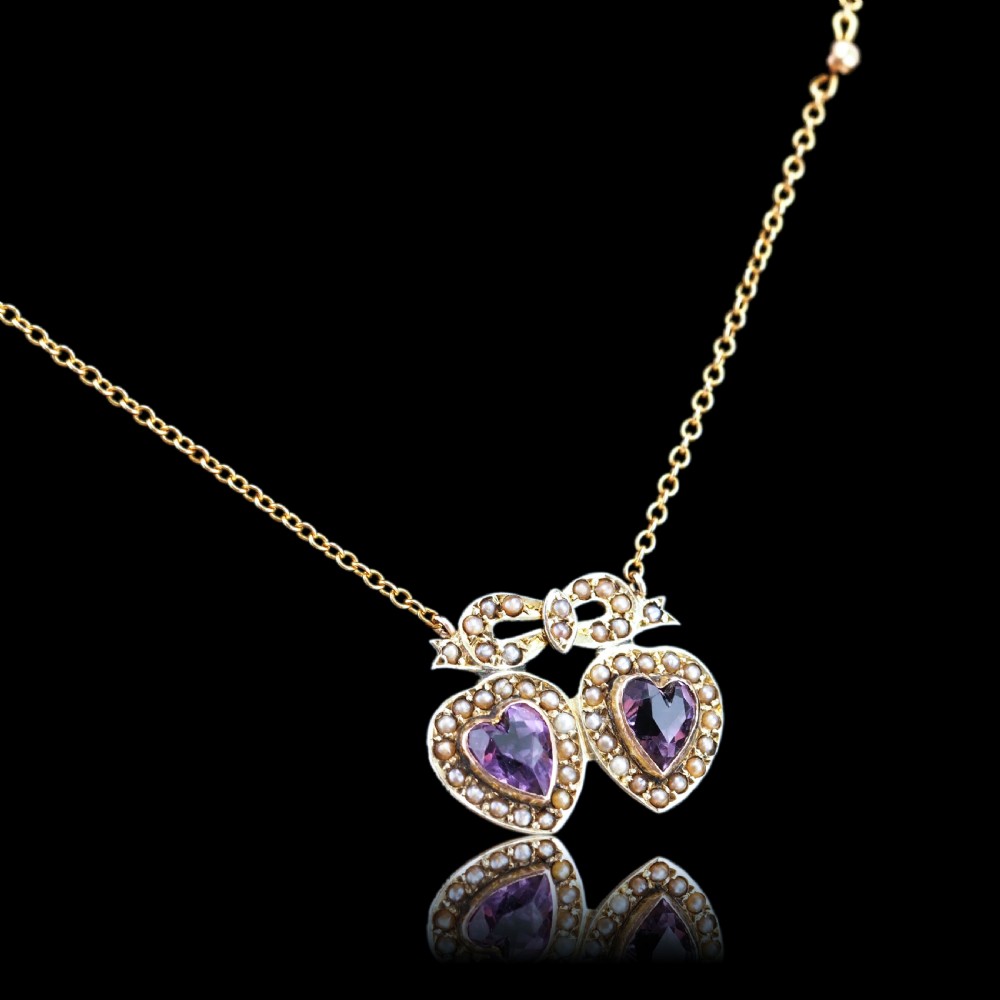 Antique Edwardian Heart Necklace Amethyst & Seed Pearl 9K Gold - c.1910 View XIII