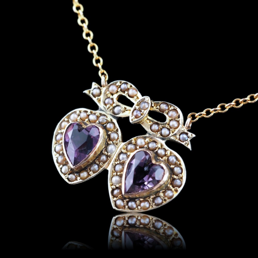 Antique Edwardian Heart Necklace Amethyst & Seed Pearl 9K Gold - c.1910 View XIV
