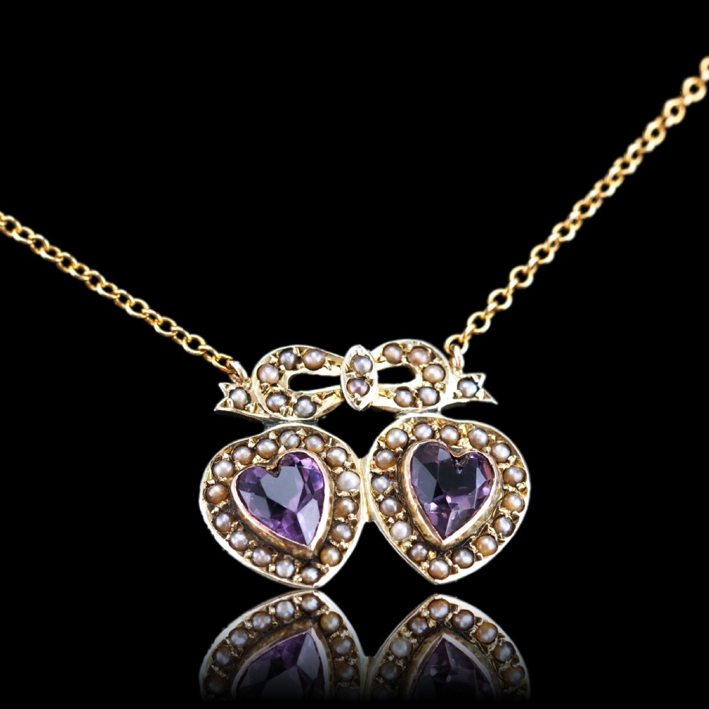 Antique Edwardian Heart Necklace Amethyst & Seed Pearl 9K Gold - c.1910 View XV
