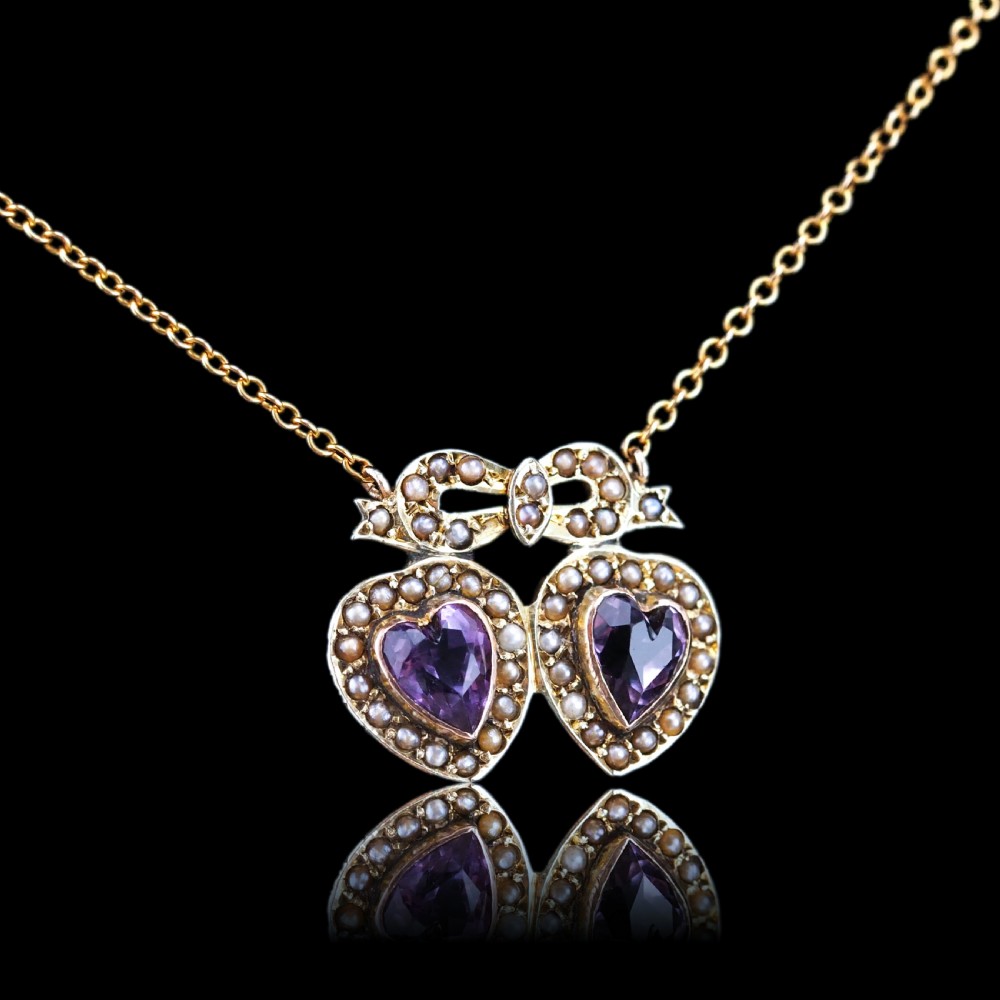 Antique Edwardian Heart Necklace Amethyst & Seed Pearl 9K Gold - c.1910 View XVI