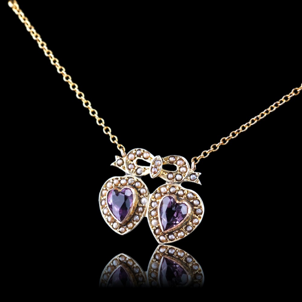 Antique Edwardian Heart Necklace Amethyst & Seed Pearl 9K Gold - c.1910 View XVII