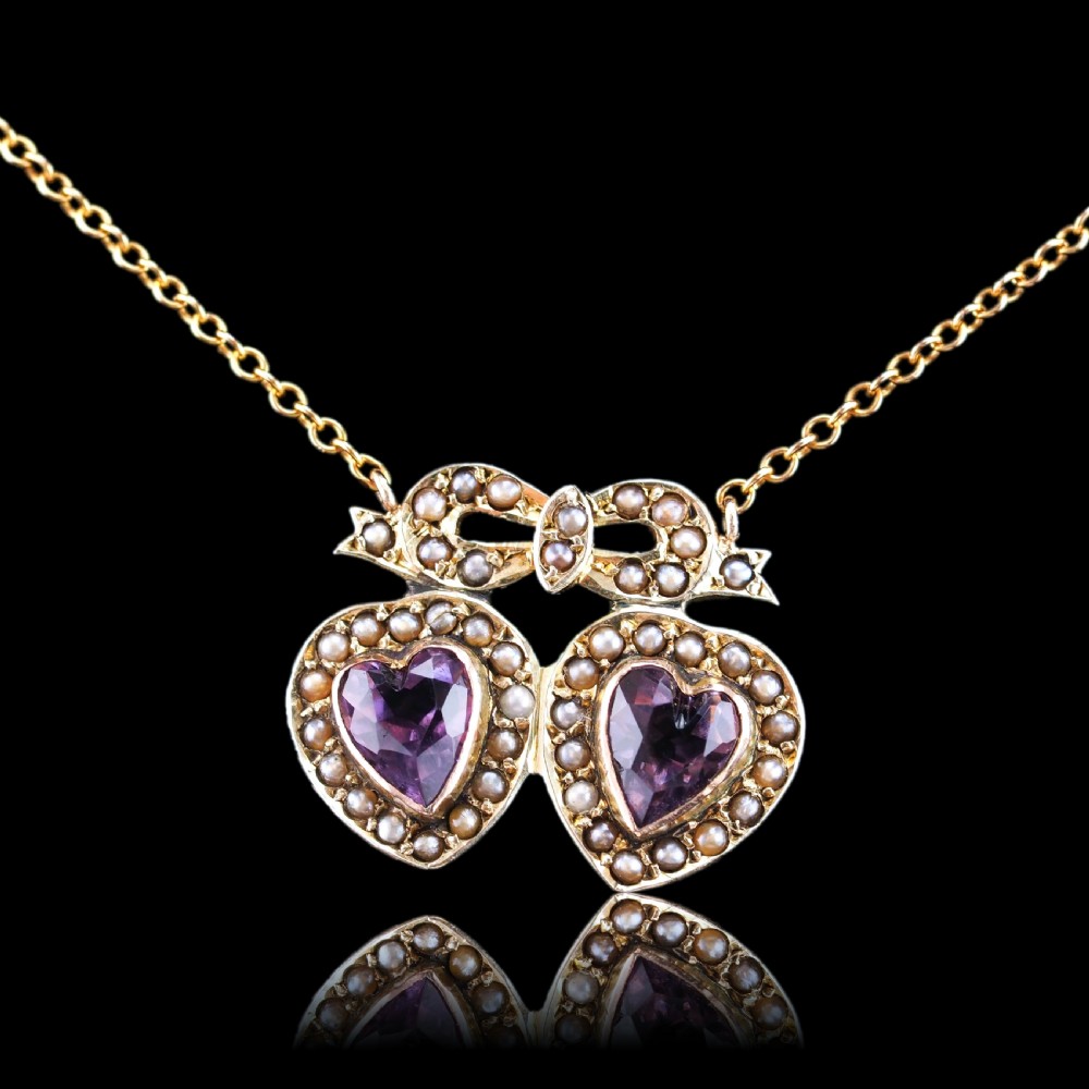 Antique Edwardian Heart Necklace Amethyst & Seed Pearl 9K Gold - c.1910 View XVIII