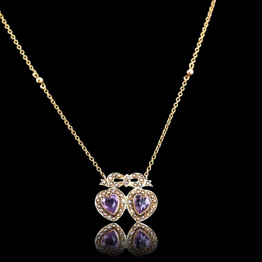 Antique Edwardian Heart Necklace Amethyst & Seed Pearl 9K Gold - c.1910 View XIX