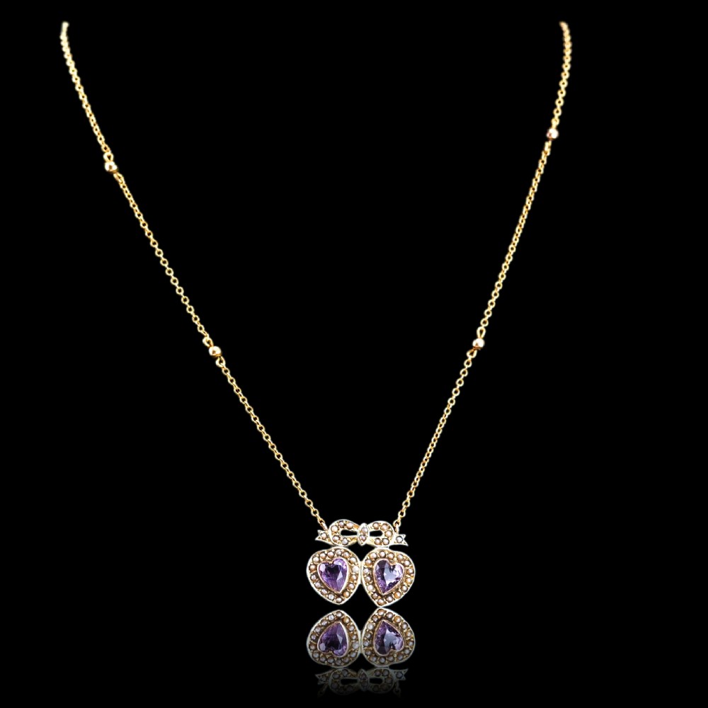 Antique Edwardian Heart Necklace Amethyst & Seed Pearl 9K Gold - c.1910 View XX