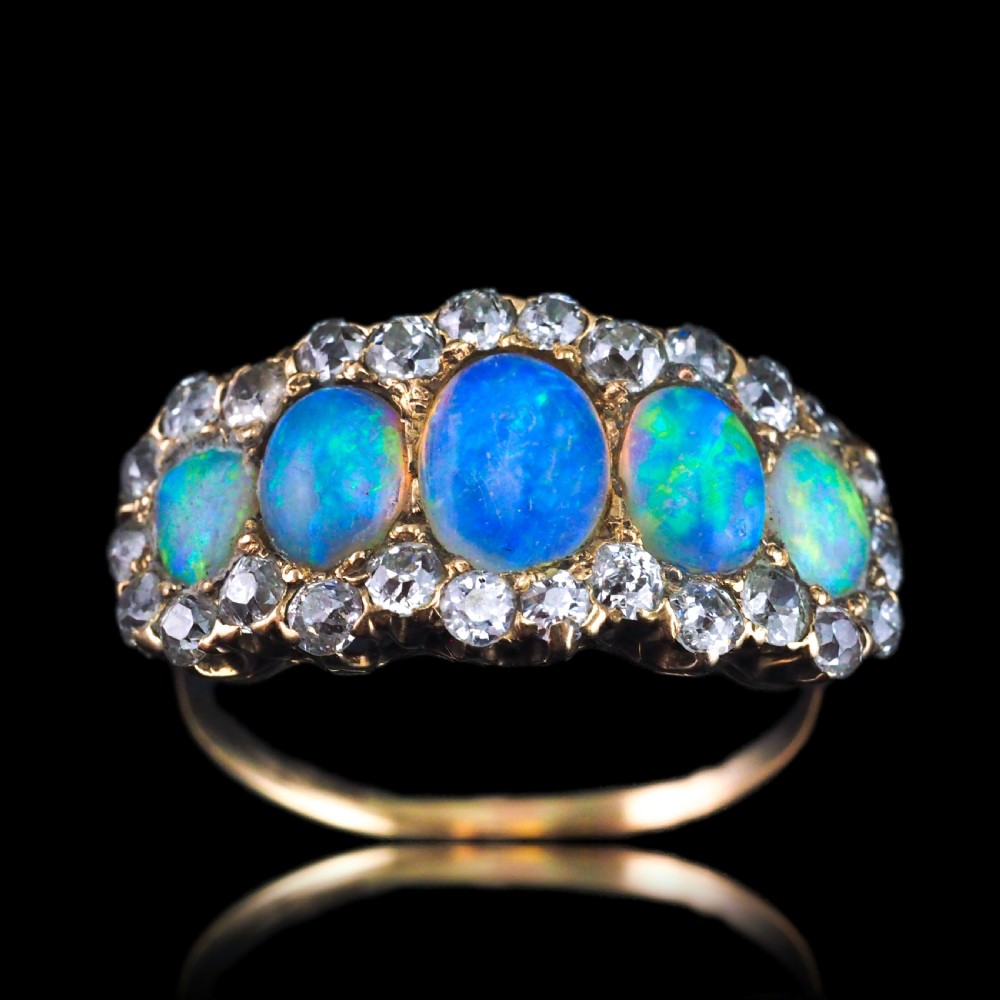 Antique Victorian Ring 5 Stone Opal & Diamond Cluster 18K Gold - c.1900 View II