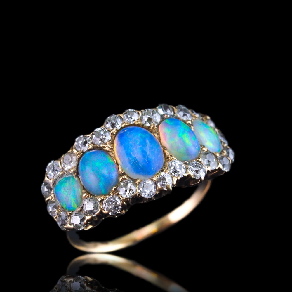 Antique Victorian Ring 5 Stone Opal & Diamond Cluster 18K Gold - c.1900 View III
