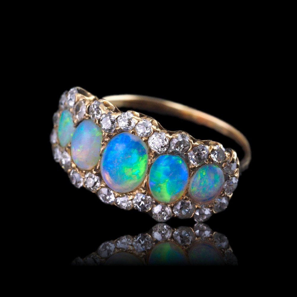 Antique Victorian Ring 5 Stone Opal & Diamond Cluster 18K Gold - c.1900 View V