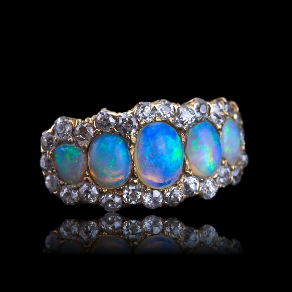 Antique Victorian Ring 5 Stone Opal & Diamond Cluster 18K Gold - c.1900 View VI