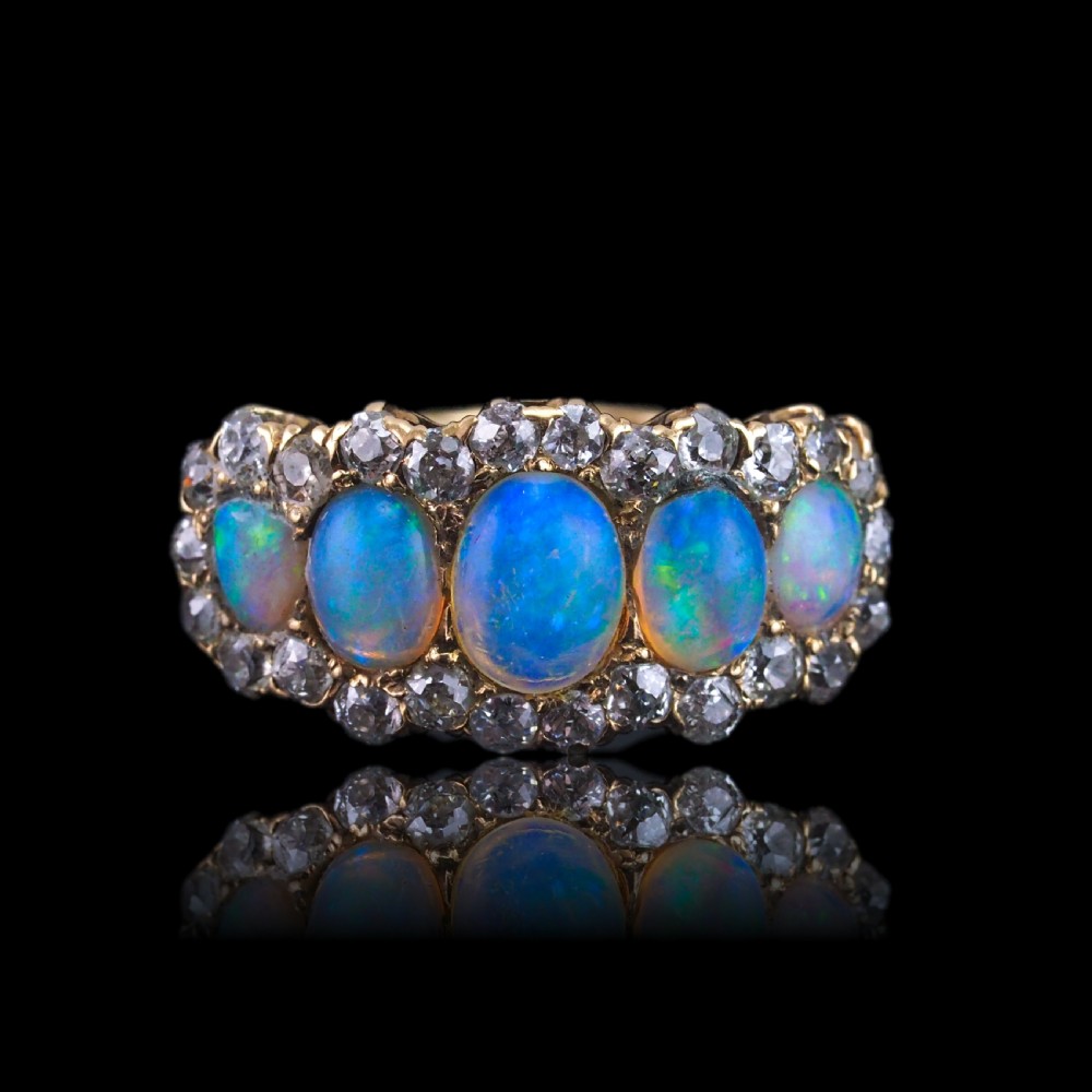 Antique Victorian Ring 5 Stone Opal & Diamond Cluster 18K Gold - c.1900 View VII