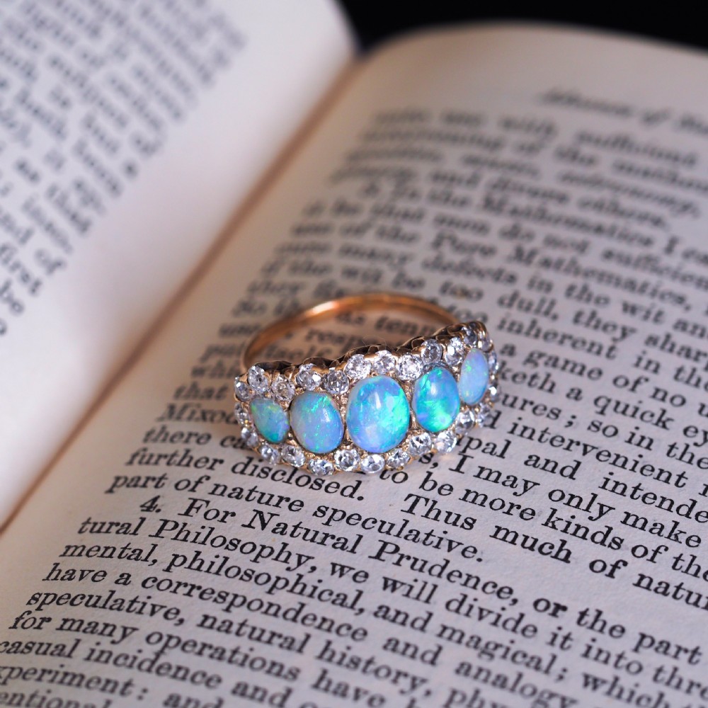 Antique Victorian Ring 5 Stone Opal & Diamond Cluster 18K Gold - c.1900 View IX