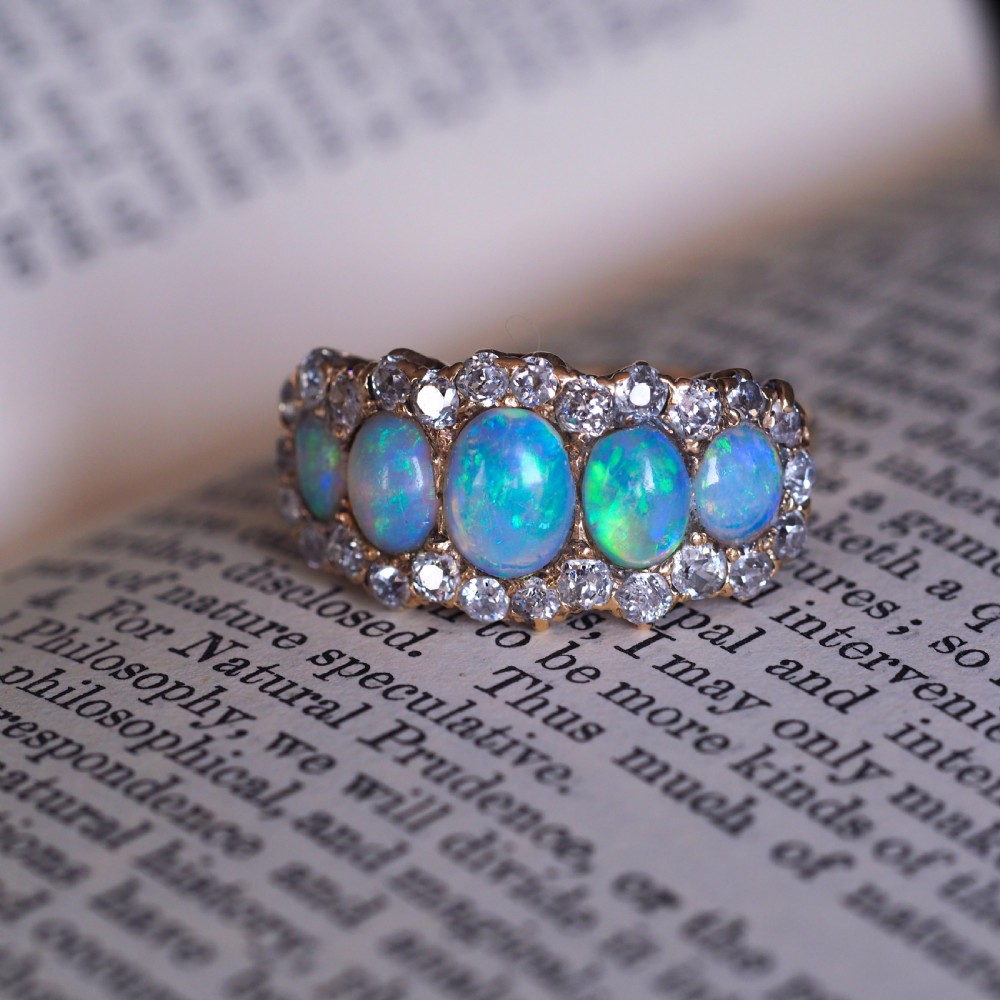 Antique Victorian Ring 5 Stone Opal & Diamond Cluster 18K Gold - c.1900 View XI