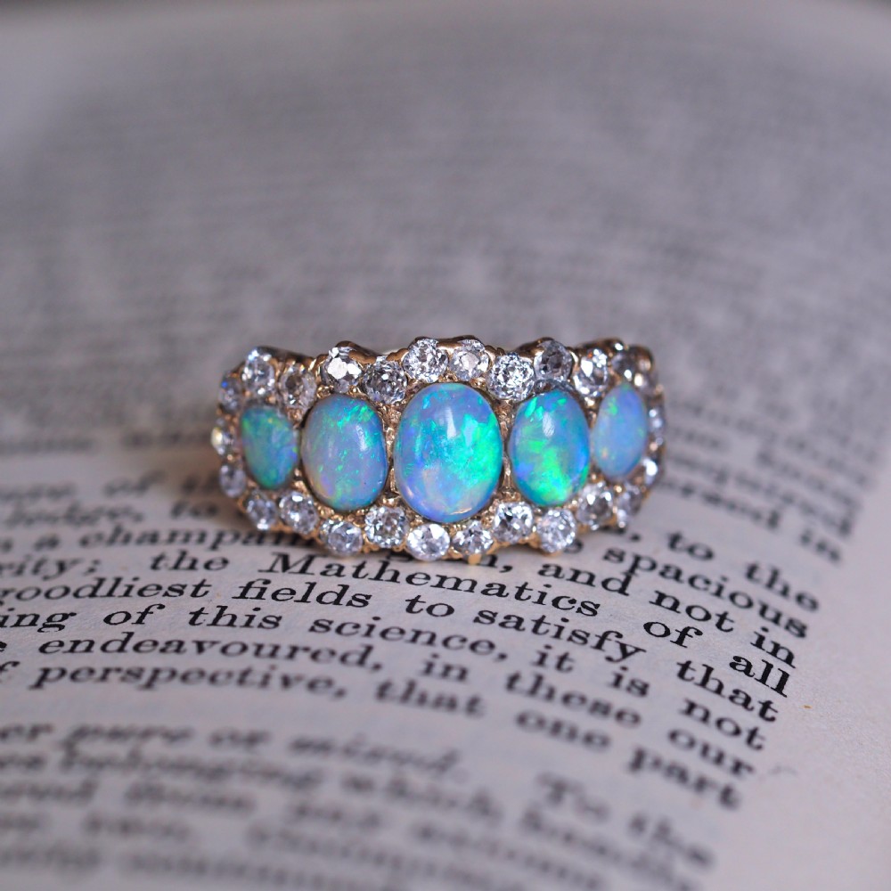 Antique Victorian Ring 5 Stone Opal & Diamond Cluster 18K Gold - c.1900 View XII