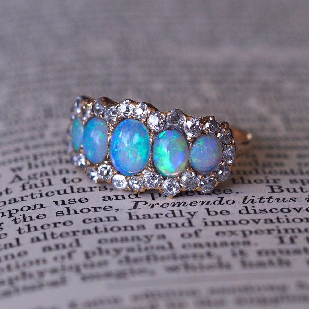 Antique Victorian Ring 5 Stone Opal & Diamond Cluster 18K Gold - c.1900 View XIII