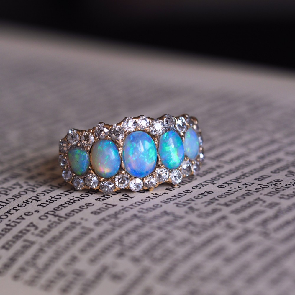 Antique Victorian Ring 5 Stone Opal & Diamond Cluster 18K Gold - c.1900 View XIV