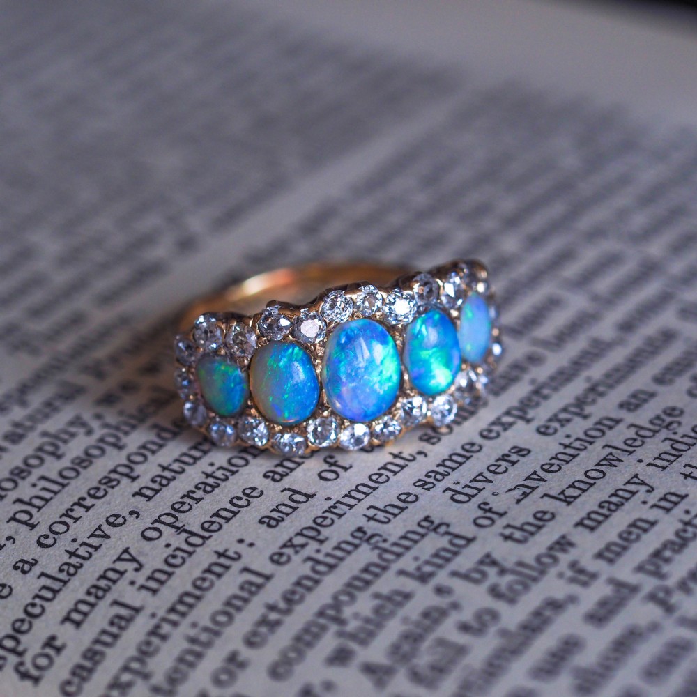 Antique Victorian Ring 5 Stone Opal & Diamond Cluster 18K Gold - c.1900 View XV