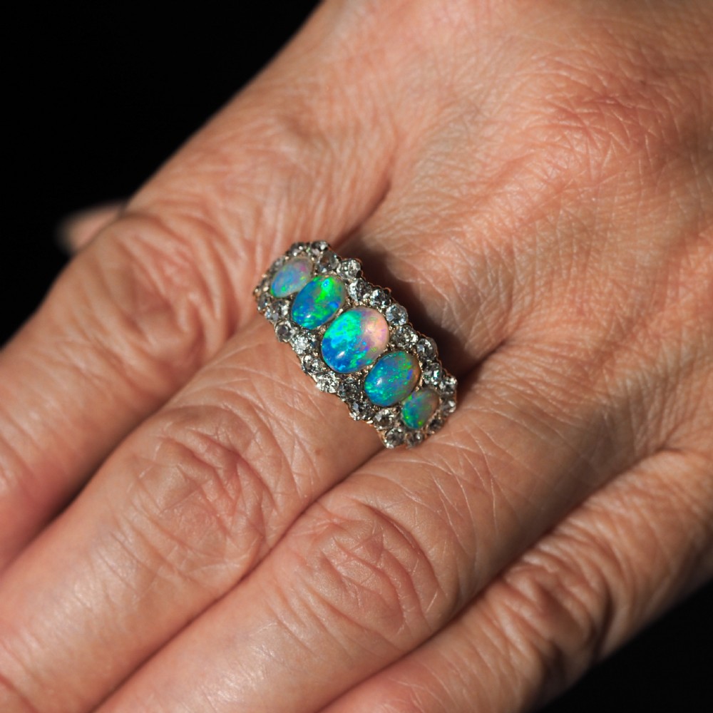 Antique Victorian Ring 5 Stone Opal & Diamond Cluster 18K Gold - c.1900 View XVI