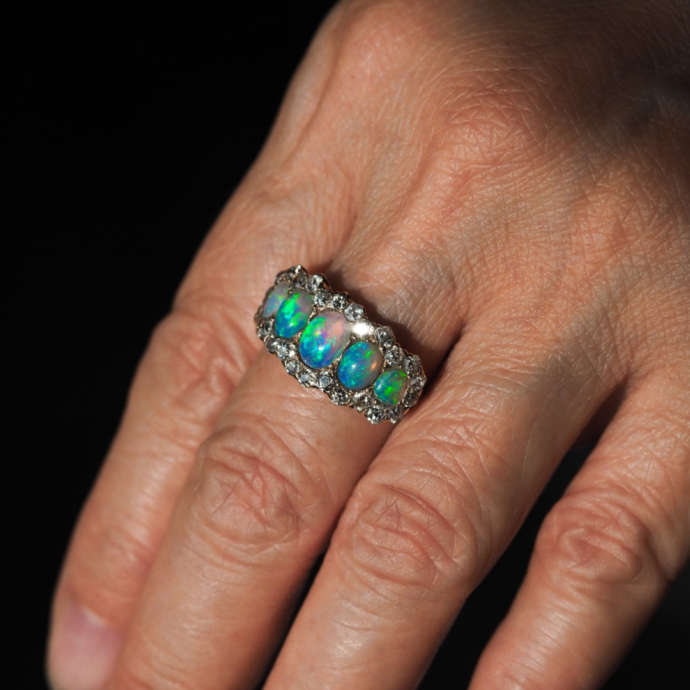 Antique Victorian Ring 5 Stone Opal & Diamond Cluster 18K Gold - c.1900 View XVII