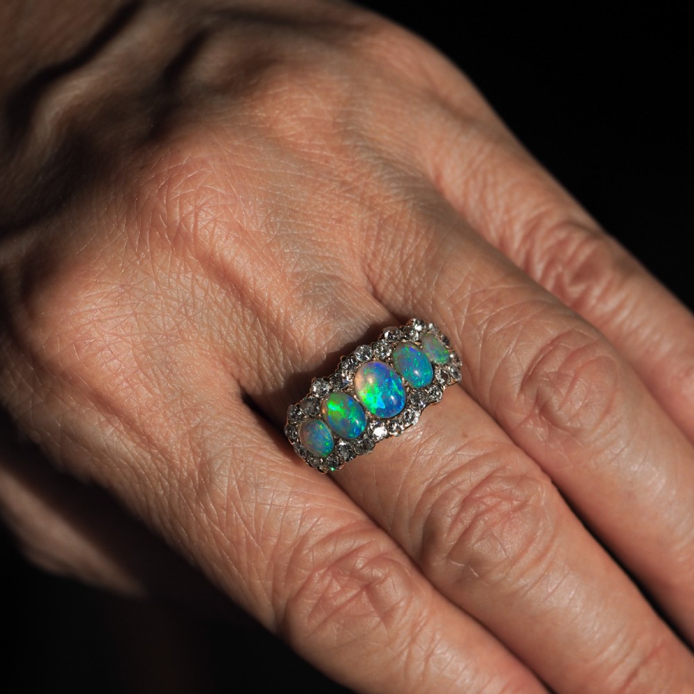 Antique Victorian Ring 5 Stone Opal & Diamond Cluster 18K Gold - c.1900 View XVIII