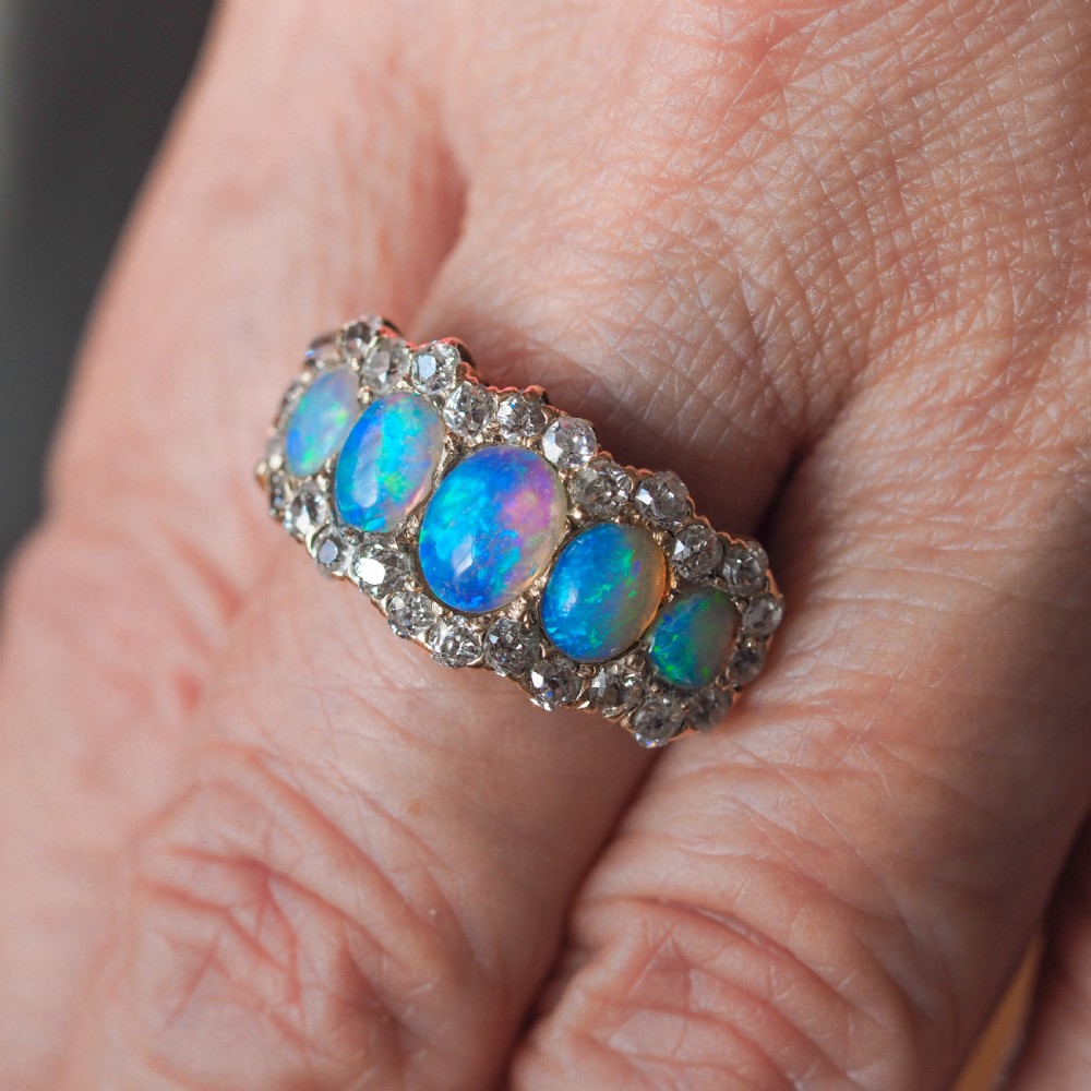 Antique Victorian Ring 5 Stone Opal & Diamond Cluster 18K Gold - c.1900 View XIX