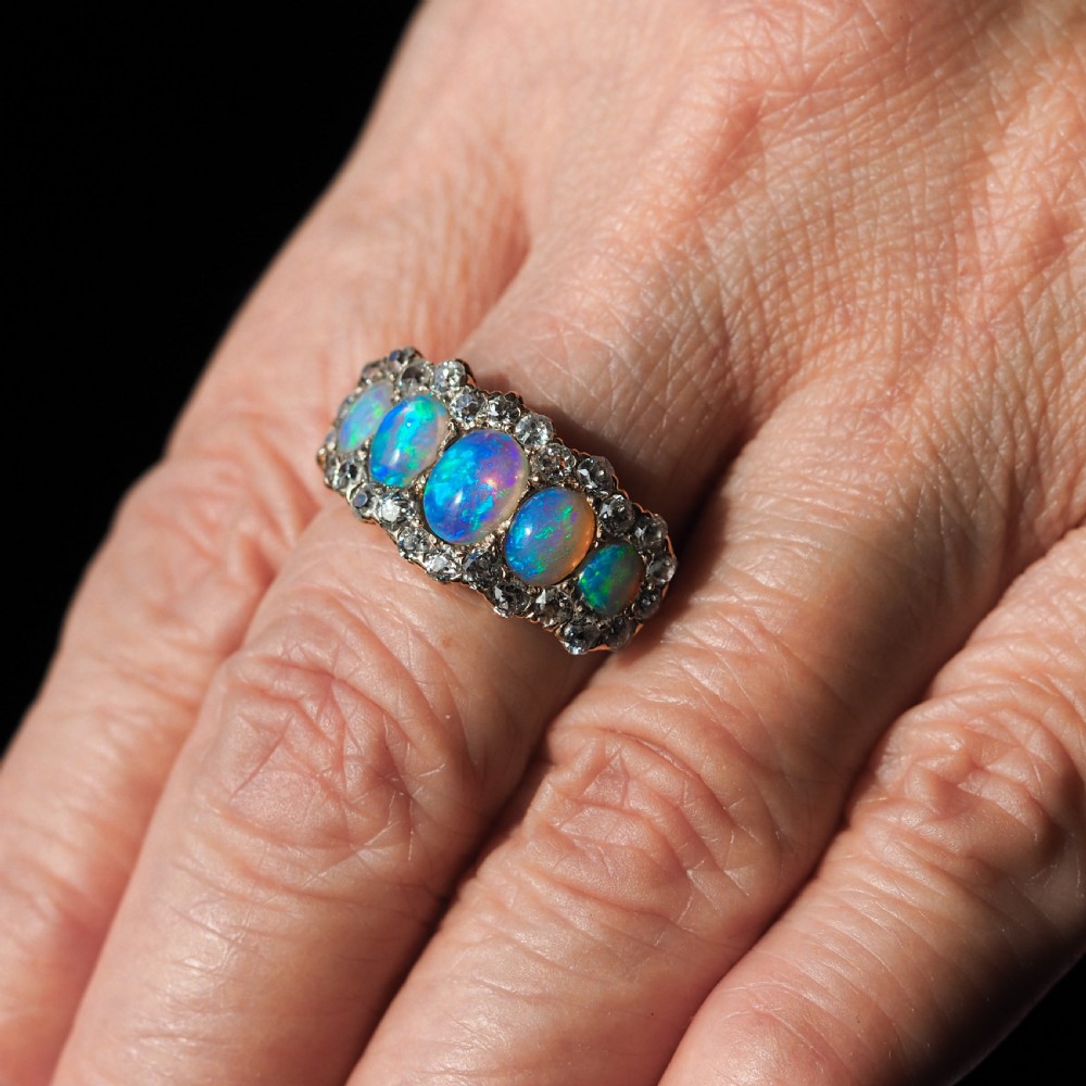 Antique Victorian Ring 5 Stone Opal & Diamond Cluster 18K Gold - c.1900 View XX