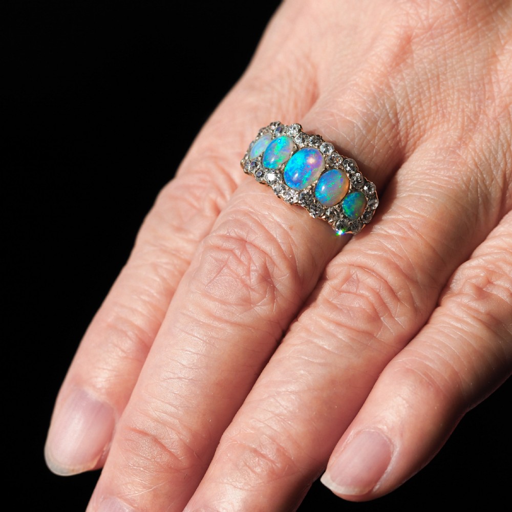 Antique Victorian Ring 5 Stone Opal & Diamond Cluster 18K Gold - c.1900 View XXI