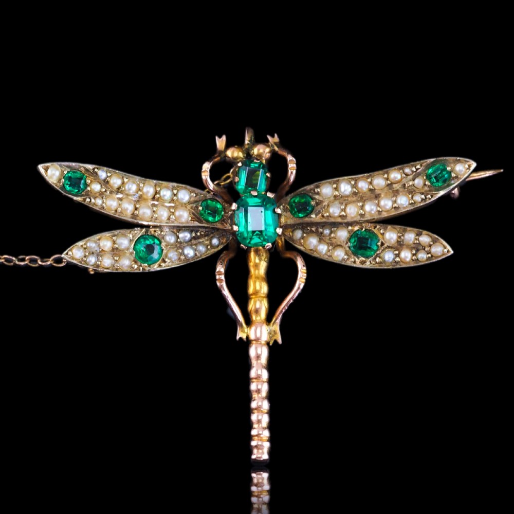 Antique Victorian Dragonfly Brooch Garnet & Seed Pearl 9K Gold - c.1900