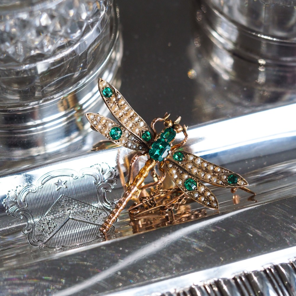 Antique Victorian Dragonfly Brooch Garnet & Seed Pearl 9K Gold - c.1900 View II