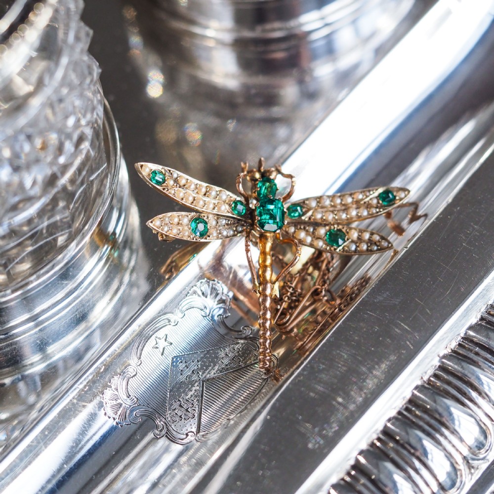 Antique Victorian Dragonfly Brooch Garnet & Seed Pearl 9K Gold - c.1900 View III