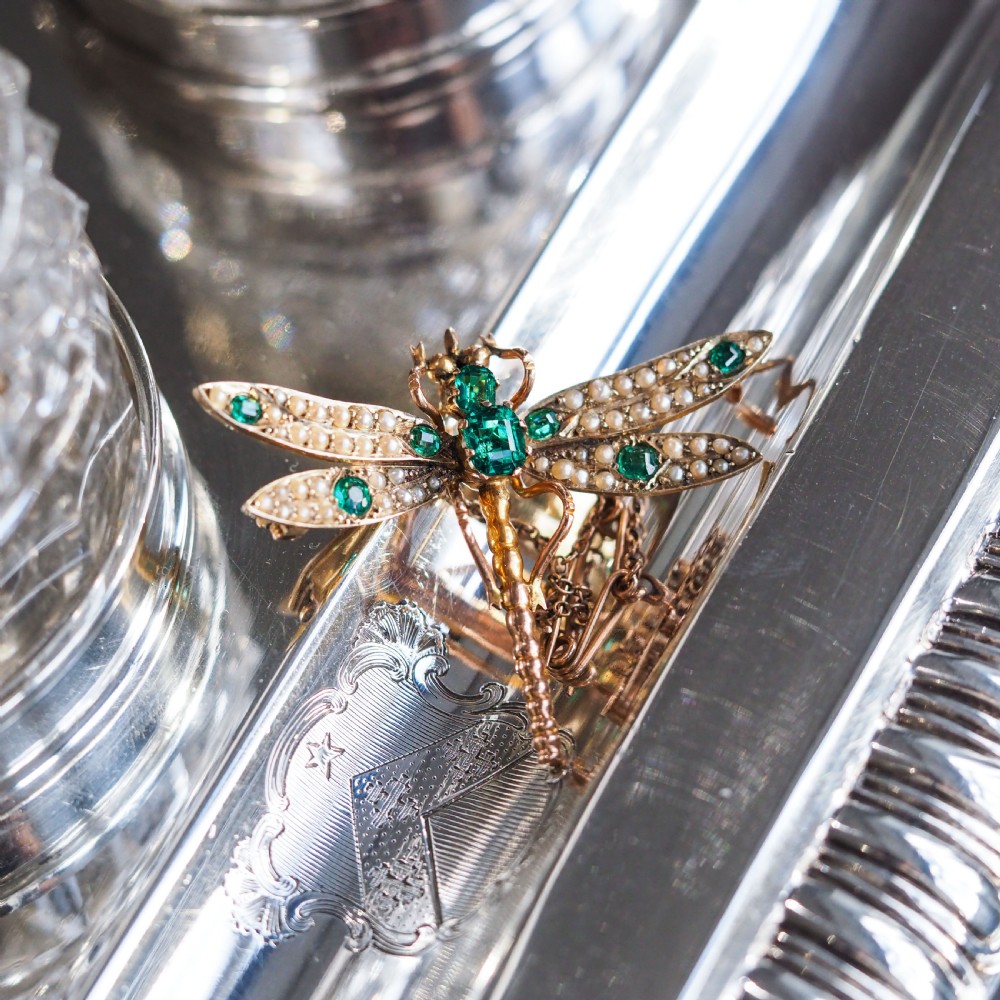 Antique Victorian Dragonfly Brooch Garnet & Seed Pearl 9K Gold - c.1900 View IV