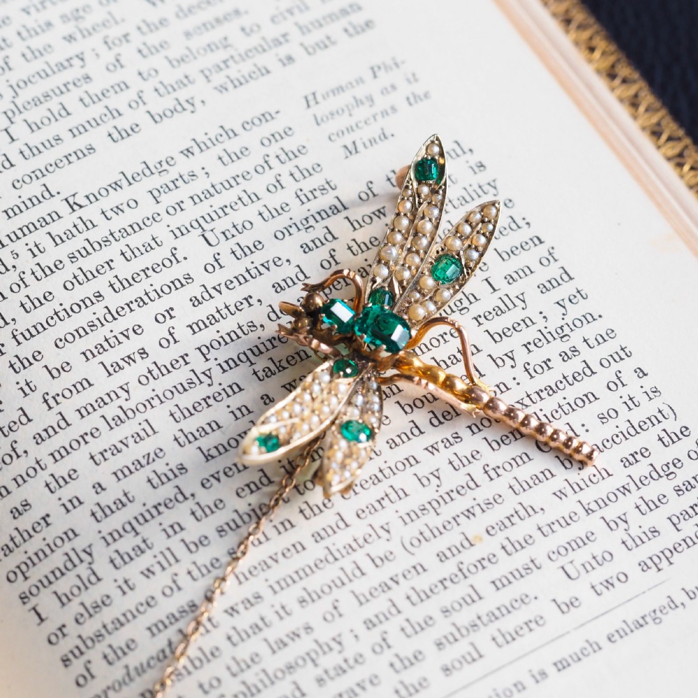 Antique Victorian Dragonfly Brooch Garnet & Seed Pearl 9K Gold - c.1900 View V