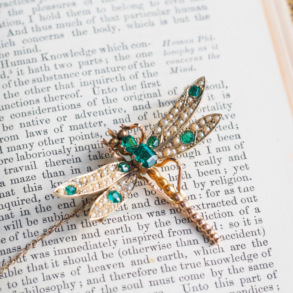 Antique Victorian Dragonfly Brooch Garnet & Seed Pearl 9K Gold - c.1900 View VI