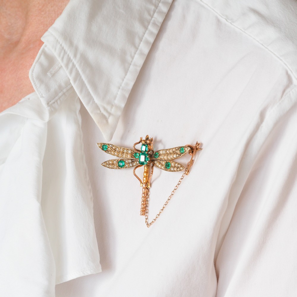 Antique Victorian Dragonfly Brooch Garnet & Seed Pearl 9K Gold - c.1900 View VIII