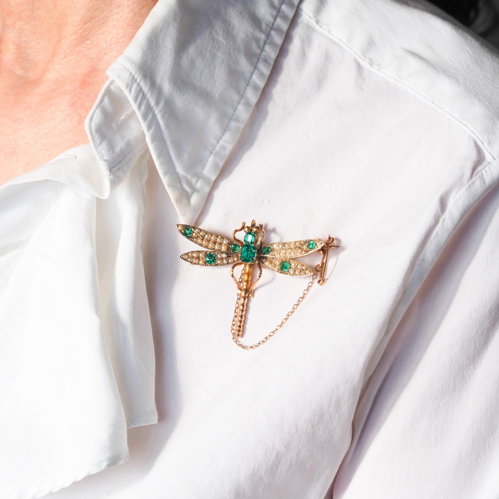 Antique Victorian Dragonfly Brooch Garnet & Seed Pearl 9K Gold - c.1900 View IX
