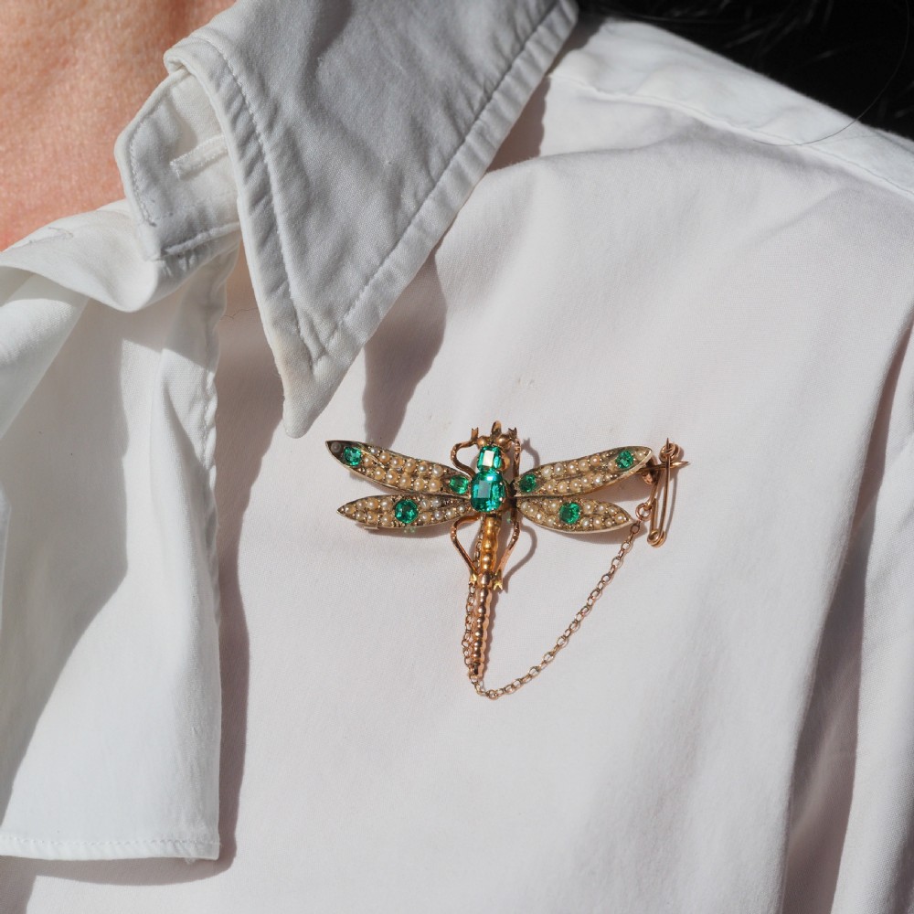 Antique Victorian Dragonfly Brooch Garnet & Seed Pearl 9K Gold - c.1900 View X