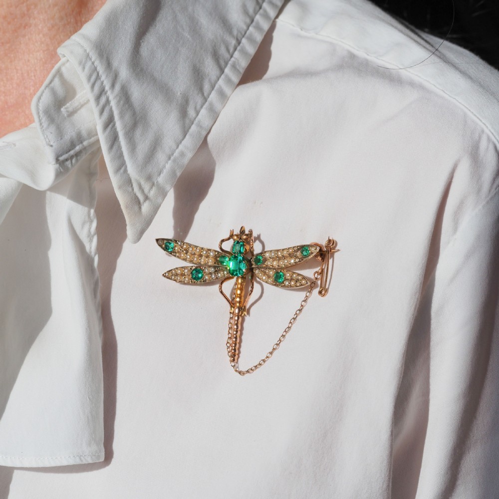 Antique Victorian Dragonfly Brooch Garnet & Seed Pearl 9K Gold - c.1900 View XI