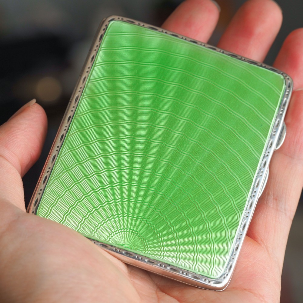 Sterling Silver Cigarette Case with Green Sunburst Enamel Guilloche - Joseph Gloster 1933 View III