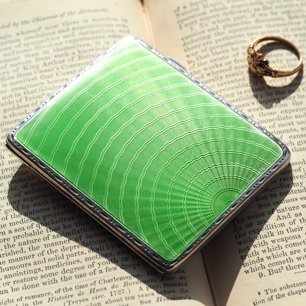 Sterling Silver Cigarette Case with Green Sunburst Enamel Guilloche - Joseph Gloster 1933 View V