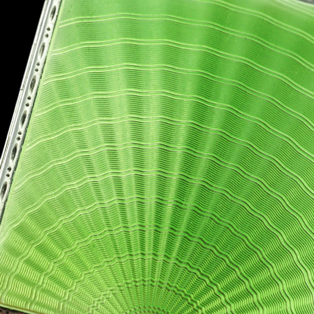Sterling Silver Cigarette Case with Green Sunburst Enamel Guilloche - Joseph Gloster 1933 View VI