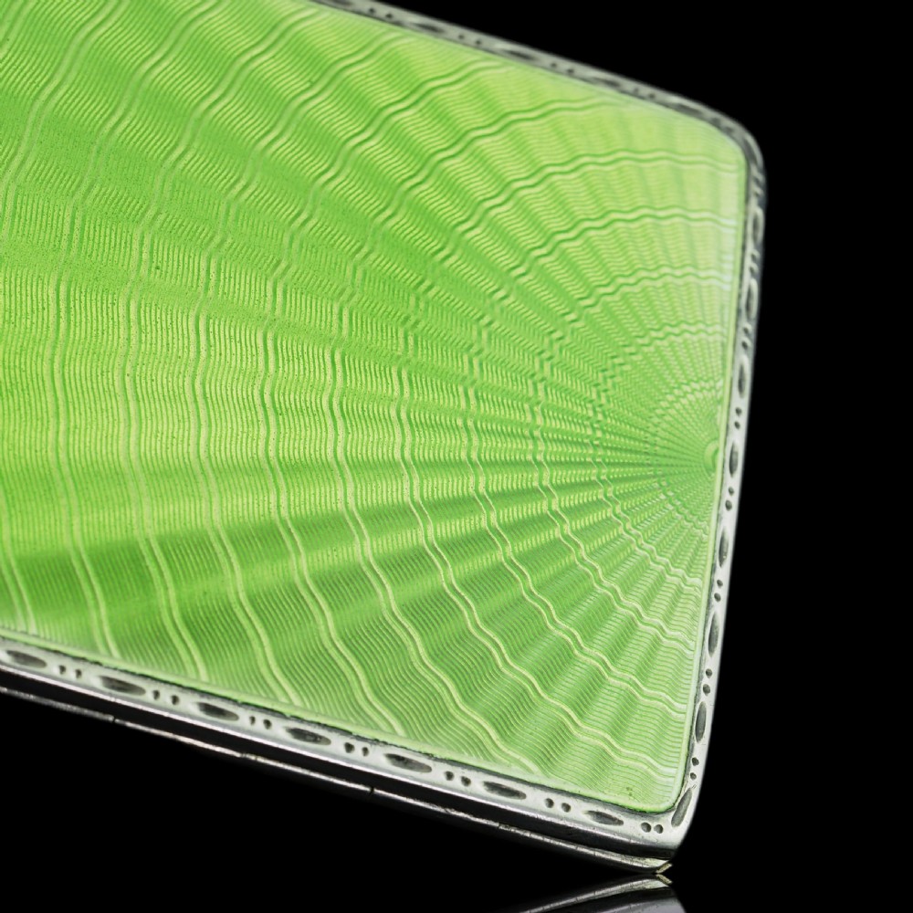 Sterling Silver Cigarette Case with Green Sunburst Enamel Guilloche - Joseph Gloster 1933 View VIII