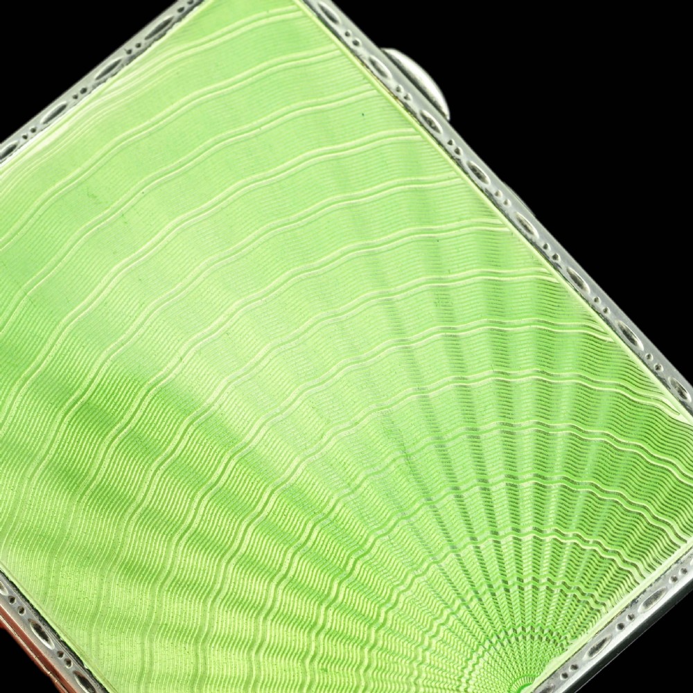 Sterling Silver Cigarette Case with Green Sunburst Enamel Guilloche - Joseph Gloster 1933 View X
